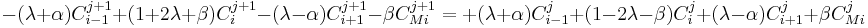  -(\lambda%2B\alpha)C_{i-1}^{j%2B1} %2B(1%2B2\lambda%2B\beta)C_{i}^{j%2B1}-(\lambda-\alpha)C_{i%2B1}^{j%2B1}-\beta C_{Mi}^{j%2B1} = %2B(\lambda%2B\alpha)C_{i-1}^{j} %2B(1-2\lambda-\beta)C_{i}^{j}%2B(\lambda-\alpha)C_{i%2B1}^{j}%2B\beta C_{Mi}^{j}