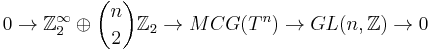 0\to \mathbb Z_2^\infty\oplus\binom n2\mathbb Z_2\to MCG (T^n)\to GL(n,\mathbb Z)\to 0