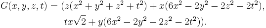 \begin{align}
                G(x,y,z,t)=\ & (z(x^2%2By^2%2Bz^2%2Bt^2)%2Bx (6x^2-2y^2-2z^2-2t^2), \\
                             & \ t x \sqrt{2}%2By (6x^2-2y^2-2z^2-2t^2)).
          \end{align}