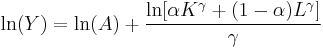  \ln(Y) = \ln(A) %2B \frac{\ln[\alpha K^\gamma %2B (1-\alpha) L^\gamma]}{\gamma}