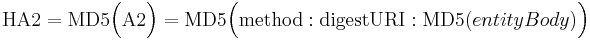 \mathrm{HA2} = \mathrm{MD5}\Big(\mathrm{A2}\Big) = \mathrm{MD5}\Big( \mathrm{method}�: \mathrm{digestURI}�: \mathrm {MD5}(entityBody)\Big)