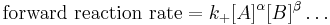 \mbox{forward reaction rate} = k_%2B [A]^\alpha[B]^\beta \dots \,\!