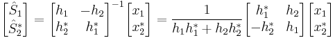  \begin{bmatrix}
  \hat S_1   \\
  \hat S_2^*  \end{bmatrix}  = 
\begin{bmatrix}
  h_1      & -h_2      \\
  h_2^*   & h_1^*
\end{bmatrix} ^{-1}

\begin{bmatrix}
  x_1    \\
  x_2^*  \end{bmatrix} 
=  {1 \over {h_1h_1^* %2B h_2h_2^*}} 
\begin{bmatrix}
  h_1^*      & h_2      \\
  -h_2^*   & h_1
\end{bmatrix}
\begin{bmatrix}
  x_1   \\
  x_2^* \end{bmatrix}


