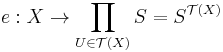 e�: X \to \prod_{U\in \mathcal{T}(X)}S = S^{\mathcal{T}(X)}