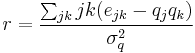 r = \frac{\sum_{jk}{jk (e_{jk} - q_j q_k)}}{\sigma_{q}^{2}}