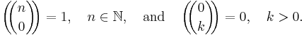 \left(\!\!{n \choose 0}\!\!\right) = 1,\quad n\in\N, \quad\mbox{and}\quad \left(\!\!{0 \choose k}\!\!\right) = 0,\quad k>0.