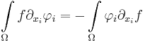  \int\limits_\Omega f\partial_{x_i}\mathbf\varphi_i = - \int\limits_\Omega \mathbf\varphi_i\partial_{x_i} f 