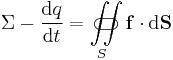  \Sigma - \frac{{\rm d}q}{{\rm d}t} = \iint\limits_{S}\!\!\!\!\!\!\!\!\!\!\!\subset\!\supset \bold{f} \cdot {\rm d}\bold{S}