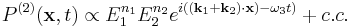 P^{(2)} (\mathbf{x}, t) \propto E_1^{n_1} E_2^{n_2} e^{i ((\mathbf{k}_1 %2B  \mathbf{k}_2)\cdot\mathbf{x}) - \omega_3 t)} %2B c.c.