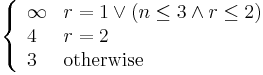 \left\{\begin{array}{ll}\infty & r = 1 \vee (n \le 3 \wedge r \le 2)\\ 4 & r = 2\\ 3 & \text{otherwise}\end{array}\right.