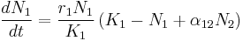  \frac{dN_1}{dt} = \frac{r_1N_1}{K_1}\left( K_1 - N_1 %2B \alpha_{12}N_2 \right) 