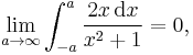 \lim_{a\rightarrow\infty}\int_{-a}^a\frac{2x\,\mathrm{d}x}{x^2%2B1}=0,