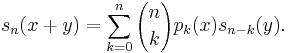 s_n(x%2By)=\sum_{k=0}^n{n \choose k}p_k(x)s_{n-k}(y).