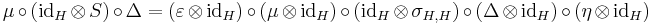 \mu \circ (\mathrm{id}_H \otimes S) \circ \Delta  =  (\varepsilon \otimes \mathrm{id}_H) \circ (\mu \otimes \mathrm{id}_H) \circ (\mathrm{id}_H \otimes \sigma_{H, H}) \circ (\Delta \otimes \mathrm{id}_H) \circ (\eta \otimes \mathrm{id}_H)