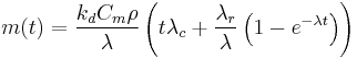 m(t) = {{k_d C_m \rho} \over {\lambda}}  \left( t \lambda_c %2B {{\lambda_r} \over {\lambda}} \left( 1 - e^{-\lambda t} \right) \right)