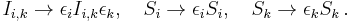 I_{i,k}\to\epsilon_i I_{i,k}\epsilon_k ,\quad S_i\to\epsilon_i S_i ,\quad S_k\to \epsilon_k S_k\,.