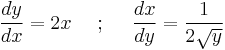  \frac{dy}{dx} = 2x 
\mbox{ }\mbox{ }\mbox{ }\mbox{ };
\mbox{ }\mbox{ }\mbox{ }\mbox{ }
\frac{dx}{dy} = \frac{1}{2\sqrt{y}} 