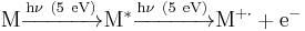 \mathrm{M \xrightarrow[]{h\nu\ (5\ \text{eV})} M^* \xrightarrow[]{h\nu\ (5\ \text{eV})} M^{%2B \cdot}%2B e^-}