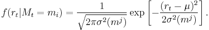  f( r_t | M_t = m_i) = \frac{1} {\sqrt{2\pi\sigma^2(m^j)}}\exp\left[-\frac{(r_t-\mu)^2}{2\sigma^2(m^j)}\right] .