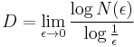 D = \lim_{\epsilon \rightarrow 0} \frac{\log N(\epsilon)}{\log\frac{1}{\epsilon}}