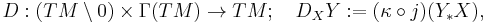 
D:(TM\setminus 0)\times \Gamma(TM) \to TM; \quad D_XY�:=  (\kappa\circ j)(Y_*X),
