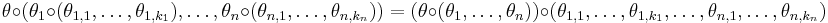 
\theta\circ(\theta_1\circ(\theta_{1,1},\ldots,\theta_{1,k_1}),\ldots,\theta_n\circ(\theta_{n,1},\ldots,\theta_{n,k_n}))
=
(\theta\circ(\theta_1,\ldots,\theta_n))\circ(\theta_{1,1},\ldots,\theta_{1,k_1},\ldots,\theta_{n,1},\ldots,\theta_{n,k_n})
