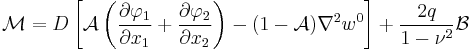 
  \mathcal{M} = D\left[\mathcal{A}\left(\frac{\partial \varphi_1}{\partial x_1} %2B \frac{\partial \varphi_2}{\partial x_2}\right)
    - (1-\mathcal{A})\nabla^2 w^0\right] %2B \frac{2q}{1-\nu^2}\mathcal{B}
