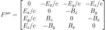 F^{\mu\nu} = \begin{bmatrix}
0 & -E_x/c & -E_y/c & -E_z/c \\
E_x/c & 0 & -B_z & B_y \\
E_y/c & B_z & 0 & -B_x \\
E_z/c & -B_y & B_x & 0
\end{bmatrix}
