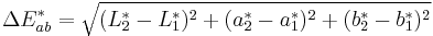 \Delta E_{ab}^* = \sqrt{ (L^*_2-L^*_1)^2%2B(a^*_2-a^*_1)^2 %2B (b^*_2-b^*_1)^2 }