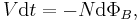  V {\mathrm{d} t} = - N \mathrm{d}\Phi_B , \,\!