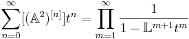 \sum_{n=0}^\infty[({\Bbb A}^2)^{[n]}]t^n=\prod_{m=1}^\infty \frac{1}{1-{\Bbb L}^{m%2B1}t^m}