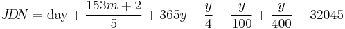 
J\!D\!N = 
\text{day} %2B 
\frac{153m%2B2}{5}%2B
365y%2B
\frac{y}{4} -
\frac{y}{100} %2B
\frac{y}{400} -
32045
