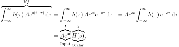 \begin{align}
\overbrace{\int_{-\infty}^{\infty} h(\tau) \, A e^{s (t - \tau)} \, \operatorname{d} \tau}^{\mathcal{H} f}
&= \int_{-\infty}^{\infty} h(\tau) \, A e^{s t} e^{-s \tau} \, \operatorname{d} \tau
&= A e^{s t} \int_{-\infty}^{\infty} h(\tau) \, e^{-s \tau} \, \operatorname{d} \tau\\
&= \overbrace{\underbrace{A e^{s t}}_{\text{Input}}}^{f} \overbrace{\underbrace{H(s)}_{\text{Scalar}}}^{\lambda},
\end{align}