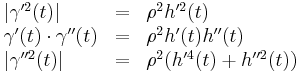 \begin{array}{lll}  |\gamma'^2(t)| &=& \rho^2 h'^2(t)  \\  \gamma'(t) \cdot \gamma''(t) &=& \rho^2 h'(t) h''(t)  \\  |\gamma''^2(t)| &=& \rho^2 (h'^4(t) %2B h''^2(t))  \end{array}