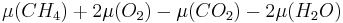 \mu (CH_4) %2B 2 \mu (O_2) - \mu (CO_2) - 2 \mu (H_2O) \,