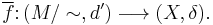 \overline{f}\colon (M/\sim,d')\longrightarrow (X,\delta).