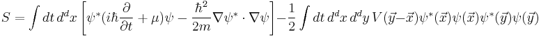 S=\int dt \, d^dx \left[\psi^*(i\hbar \frac{\partial}{\partial t}%2B\mu)\psi-\frac{\hbar^2}{2m}\nabla \psi^*\cdot \nabla \psi\right]-\frac{1}{2}\int dt \, d^dx \, d^dy \, V(\vec{y}-\vec{x})\psi^*(\vec{x})\psi(\vec{x})\psi^*(\vec{y})\psi(\vec{y})