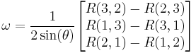  \omega = \frac{1}{2 \sin(\theta)} \begin{bmatrix} R(3,2)-R(2,3) \\ R(1,3)-R(3,1) \\ R(2,1)-R(1,2) \end{bmatrix}