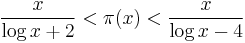  
\frac {x} {\log x %2B 2} < \pi(x) <  \frac {x} {\log x - 4}
\!