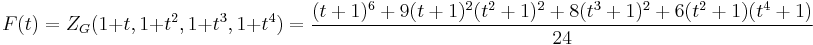 
F(t) = Z_G(1%2Bt,1%2Bt^2,1%2Bt^3,1%2Bt^4) = \frac{(t%2B1)^6 %2B 9 (t%2B1)^2 (t^2%2B1)^2 %2B 8 (t^3%2B1)^2 %2B 6 (t^2%2B1) (t^4%2B1)}{24}\,
