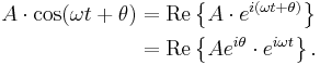 
\begin{align}
A\cdot \cos(\omega t %2B \theta) &= \operatorname{Re} \left\{ A\cdot e^{i(\omega t %2B \theta)}\right\} \\
&= \operatorname{Re} \left\{ A e^{i\theta} \cdot e^{i\omega t}\right\}.
\end{align}
