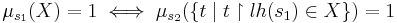 \mu_{s_1}(X)=1\iff\mu_{s_2}(\{t\mid t\upharpoonright lh(s_1)\in X\})=1