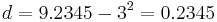 d = 9.2345 - 3^2 = 0.2345\,\!