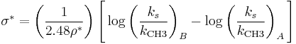 \sigma^* = \left( \frac{1}{2.48\rho^*} \right )\Bigg[\log\left( \frac{k_s}{k_{\text{CH3}}} \right )_B - \log\left( \frac{k_s}{k_{\text{CH3}}} \right )_A \Bigg]