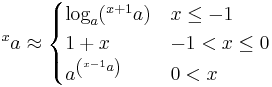 {}^{x}a \approx \begin{cases}
\log_a(^{x%2B1}a) & x \le -1 \\
1 %2B x & -1 < x \le 0 \\
a^{\left(^{x-1}a\right)} & 0 < x
\end{cases}