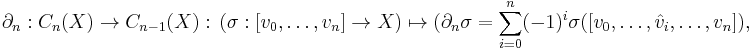 \partial_n: C_n(X) \to C_{n-1}(X): \, (\sigma: [v_0,\ldots,v_n] \to X) \mapsto 
(\partial_n \sigma = \sum_{i=0}^n (-1)^i \sigma([v_0,\ldots, \hat v_i, \ldots, v_n]),