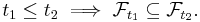 t_{1} \leq t_{2} \implies \mathcal{F}_{t_{1}} \subseteq \mathcal{F}_{t_{2}}.