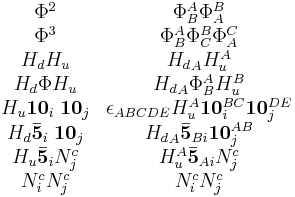 
\begin{matrix}
\Phi^2&\Phi^A_B \Phi^B_A\\
\Phi^3&\Phi^A_B \Phi^B_C \Phi^C_A\\
H_d H_u&{H_d}_A H_u^A\\
H_d \Phi H_u&{H_d}_A \Phi^A_B H_u^B\\
H_u \mathbf{10}_i\;\mathbf{10}_j&\epsilon_{ABCDE} H_u^A \mathbf{10}^{BC}_i \mathbf{10}^{DE}_j\\
H_d \mathbf{\bar{5}}_i\;\mathbf{10}_j&{H_d}_A \mathbf{\bar{5}}_{Bi} \mathbf{10}^{AB}_{j}\\
H_u \mathbf{\bar{5}}_i N^c_j&H_u^A \mathbf{\bar{5}}_{Ai} N^c_j\\
N^c_i N^c_j&N^c_i N^c_j\\
\end{matrix}
