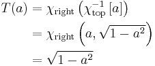 \begin{align}
 T(a) &= \chi_{\mathrm{right}}\left(\chi_{\mathrm{top}}^{-1}\left[a\right]\right) \\
      &= \chi_{\mathrm{right}}\left(a, \sqrt{1-a^2}\right) \\
      &= \sqrt{1-a^2}
\end{align}