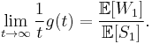 \lim_{t \to \infty} \frac{1}{t}g(t) = \frac{\mathbb{E}[W_1]}{\mathbb{E}[S_1]}.